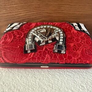 New Patent Red Lace Clutch with Silver Horseshoe Accents